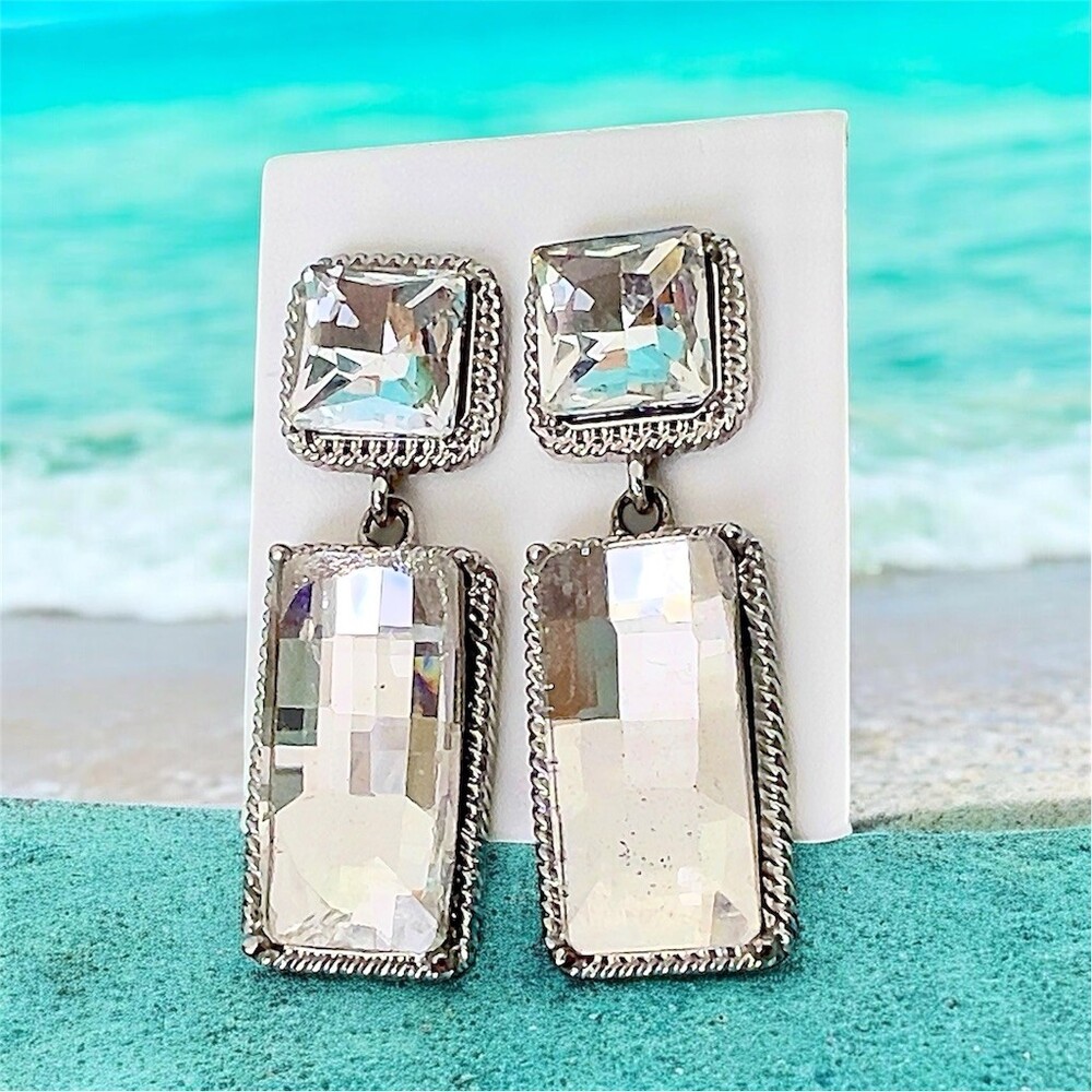 Vintage Art Deco Earrings Silver Tone Clear Crystal Double Drop Dangle Pierced